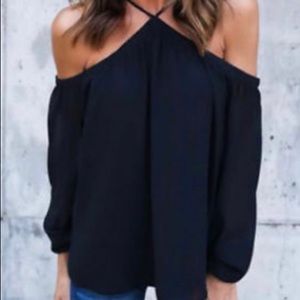 Women Black Top Cold/Off the Shoulder Halter L